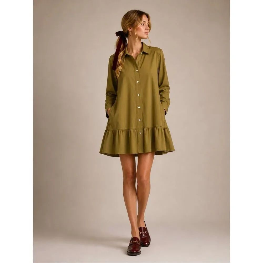 Free People Olive Cotton 2 Piece Shirt Dress Slip Set Flounce Hem M Boho Prairie